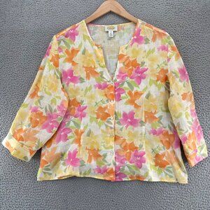 Talbots Top Women 18 Plus Orange Multi Floral Linen Button Up Long Sleeve V Neck